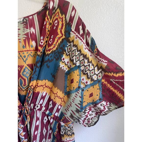 Silk Swim Cover Up Colorful Ethnic Tribal Boho Size 3X Tie Waist - Picture 4 of 8